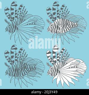 Vector set of illustrations with lionfish. Isolated objects. Stock Vector