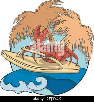 Crab surfer with flip-flops on a wave. Vector illustration on white background. Stock Vector