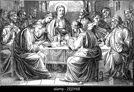 Jesus and the Last Supper. Twelve apostles or disciples are eating final meat. Basis of the Eucharist.Vintage antique drawing. Bible, New Testament. Stock Vector