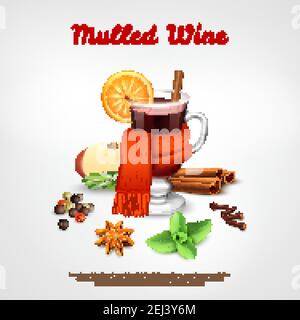 Mulled wine design concept set of wineglass tied warm scarf orange slice and spice rack realistic vector Illustration Stock Vector