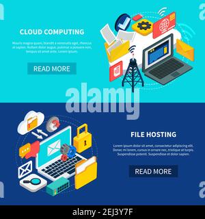 Cloud services horizontal banners with cloud computing and file hosting isometric decorative icons set 3d vector illustration Stock Vector