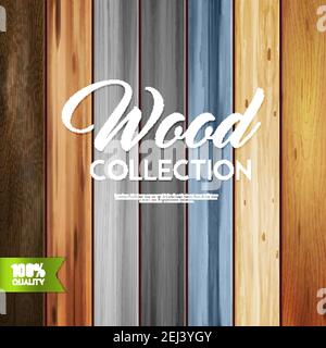 Realistic wooden texture vertical set background with calligraphic text and stripes of wood boards with different patterns vector illustration Stock Vector