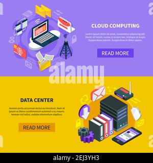 Cloud computing and data center horizontal banners with hardware used for data exchange technology and storage service isometric vector illustration Stock Vector