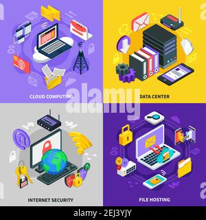 Cloud services 2x2 design concept set of cloud computing data center Internet security and file hosting square compositions isometric vector illustrat Stock Vector