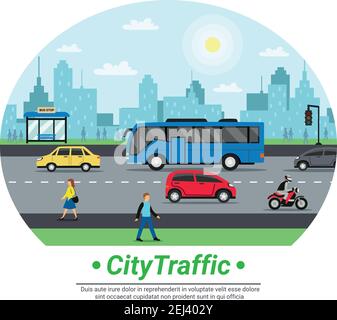 City street traffic flat circle icon with car motorcycle bus stop pedestrians and cityscape background vector illustration Stock Vector