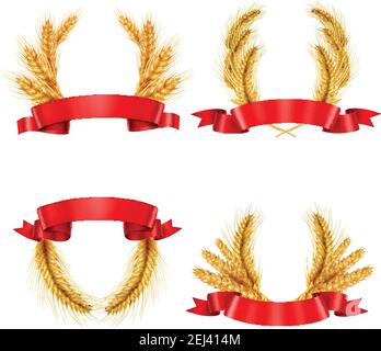 Set of realistic spikelet wreaths from wheat and barley with red glossy ribbons isolated vector illustration Stock Vector