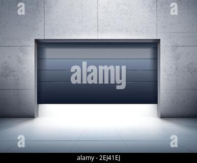 Garage realistic composition with grey tiled walls and floor and opening of dark shutter door vector illustration Stock Vector