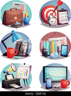 Business attributes symbols 6 round colorful icons set with laptop growth diagram and office supply isolated vector illustration Stock Vector