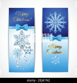 Christmas vertical banners on dark and light blue background with greetings, snowflakes, textile ribbons isolated vector illustration Stock Vector