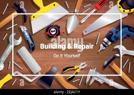 House renovation repair woodwork carpentry tools realistic background poster frame with hammer handsaw screwdriver chisel vector illustration Stock Vector
