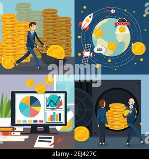 Ico blockchain concept orthogonal compositions with marketing research, investment in cryptocurrency, global startup, profit isolated vector illustrat Stock Vector