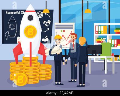 Blockchain orthogonal design concept with group of young people involved in successful startup of cryptocurrency mining vector illustration Stock Vector