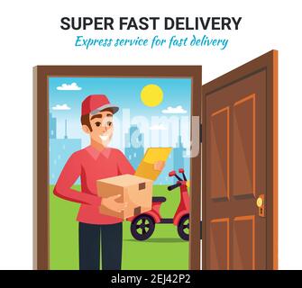 Fast express delivery service with smiling motorcycle courier holding parcel box at customer door colorful vector illustration Stock Vector