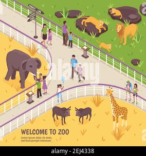 Isometric zoo illustration with outdoor zoological garden scenery fence and images of african animals and people vector illustration Stock Vector