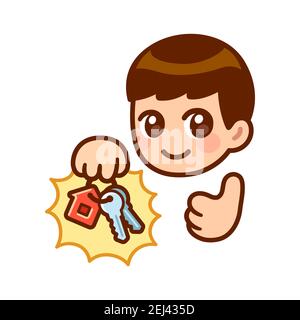 Cartoon anime character holding keys with house shaped keyring and giving thumbs up. New apartment, home ownership. Cute vector illustration. Stock Vector