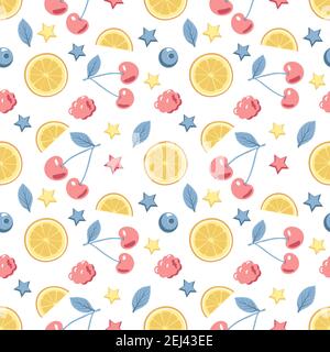 Cute spring or summer seamless pattern with cherries and lemons Stock Vector