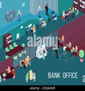 Bank office isometric vector illustration  with employees customers terminals and bank vault vector illustration Stock Vector
