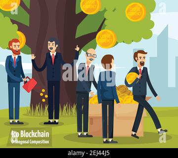Initial coin offering cartoon composition with happy cartoon characters on bitcoin tree background vector illustration Stock Vector
