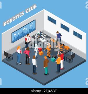 Robotics club isometric composition including machines with artificial intelligence, computer equipment, visitors on blue background vector illustrati Stock Vector