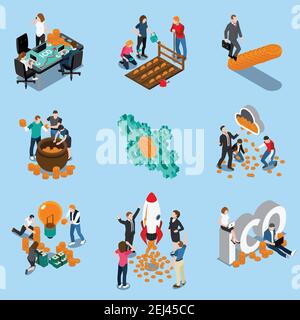 Initial coin offering isometric icons with mining of cryptocurrency, blockchain, startup on blue background isolated vector illustration Stock Vector