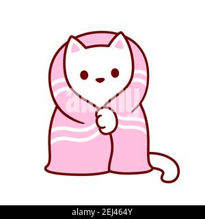 Cute cartoon cat with blanket. Kawaii white kitten in cozy pink blanket. Isolated vector clip art illustration. Stock Vector