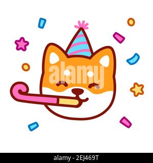 Cute cartoon dog character with party hat blowing party horn. New Year celebration, Happy Birthday, Congratulations greeting card. Kawaii Shiba Inu pu Stock Vector