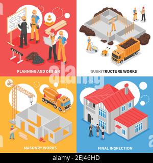 Builders design concept with compositions of construction equipment materials and transport with text and human characters vector illustration Stock Vector