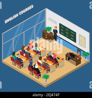 English courses in classroom with teacher near blackboard and students isometric composition on blue background vector illustration Stock Vector