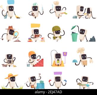 Artificial intelligence robotic automated systems helping people cartoon icons collection with socializing robots friends cleaners waiters vector illu Stock Vector