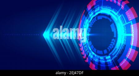 Abstract technology blue HUD circle, light beam and arrow pattern perspective on dark background Hi-tech communication concept. Digital business. Vect Stock Vector