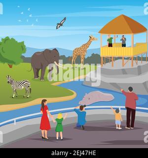 Zoo flat colored composition with adults and kids looking for wild animals living in zoo vector illustration Stock Vector
