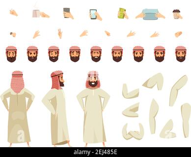 Arab man in traditional long white robe and colored headscarf with modern accessories options constructor set vector illustration Stock Vector