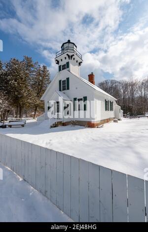 Very light snow falling on the 150 year old Old Mission Point ...