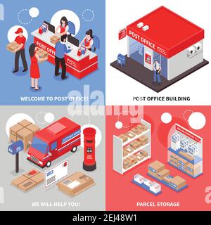 Post 2x2 isometric design concept post office building parcel storage transportation and point of correspondence delivery square icons vector illustra Stock Vector