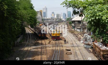 BANGKOK, THAILAND - 11 JULY, 2019: View of the train station against the backdrop of the cityscape and skyscrapers. Hua Lamphong is the hub of public Stock Photo