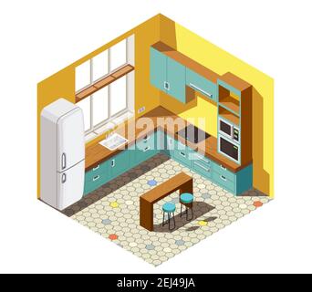 Kitchen interior with turquoise brown furniture, domestic appliances, yellow walls and tiled floor isometric composition vector illustration Stock Vector