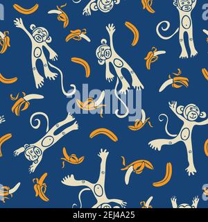 Funny monkey seamless vector pattern with bananas on blue background. Animal wallpaper design for kids. Stock Vector