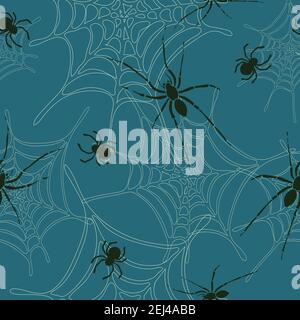 Seamless vector pattern with spiders and spider web on blue background. Scary insect wallpaper design. Animal bug fashion textile. Stock Vector