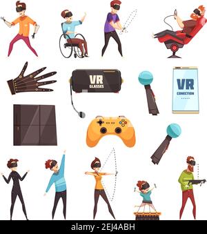 Virtual reality vr gadgets gaming system accessories cartoon icons collection with playstation glasses microphone isolated vector illustration Stock Vector