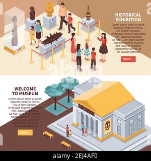 Historical exhibition horizontal isometric banners with museum building, showcases with exposition, excursion isolated vector illustration Stock Vector