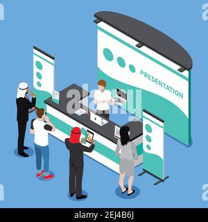Isometric composition with people watching presentation of laptop near promotion stand on blue background 3d vector illustration Stock Vector