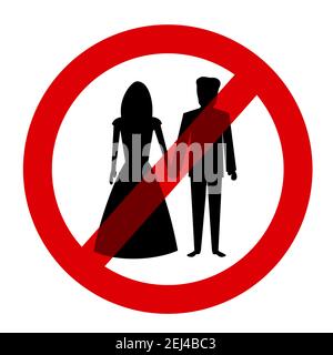 Sign and symbol of separation of heterosexual couple - divorce or breakup of love relationship. Ban, prohibition and interdiction of mating between ma Stock Photo
