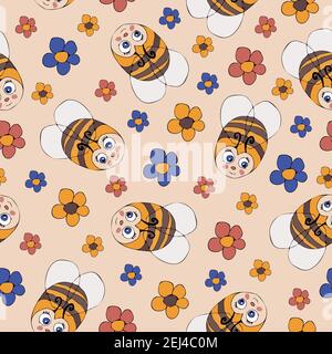 Seamless vector pattern with flowers and bees on light pink background. Cute simple wallpaper design for baby's. Hand drawn bumblebee. Stock Vector