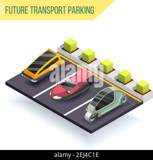 Future transport parking isometric design concept with three electric cars of fantastic shape near charger station vector illustration Stock Vector