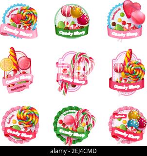 Candy shop set of emblems with colorful fruit lollipops of various shape, spiral sweets isolated vector illustration Stock Vector