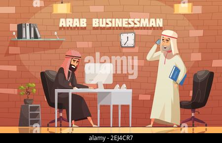 Arab businessman in traditional long white robe talking on smartphone in his office cartoon poster vector illustration Stock Vector