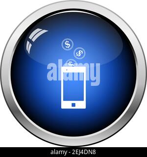Golden Coins Fall In Smartphone Icon. Glossy Button Design. Vector Illustration. Stock Vector