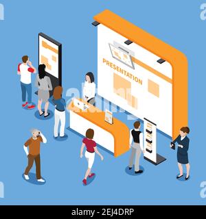 People looking at promotion stands at exhibition isometric composition on blue background 3d vector illustration Stock Vector