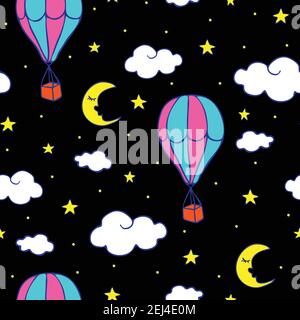 Seamless vector pattern with hot air balloons on black background. Simple sky wallpaper design with moon, stars and balloons. Stock Vector