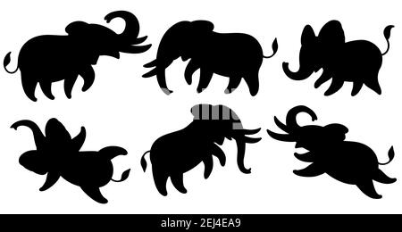 Set of black silhouettes of elephants. Cute cartoon elephants in different poses. Vector illustration isolated on white background. Stock Vector